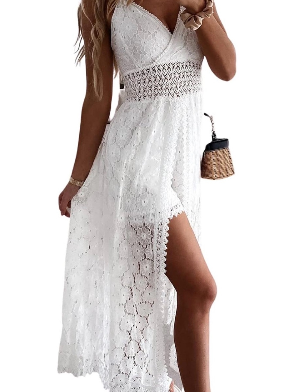White Lace V-Neck Maxi Dress with Crochet Waist